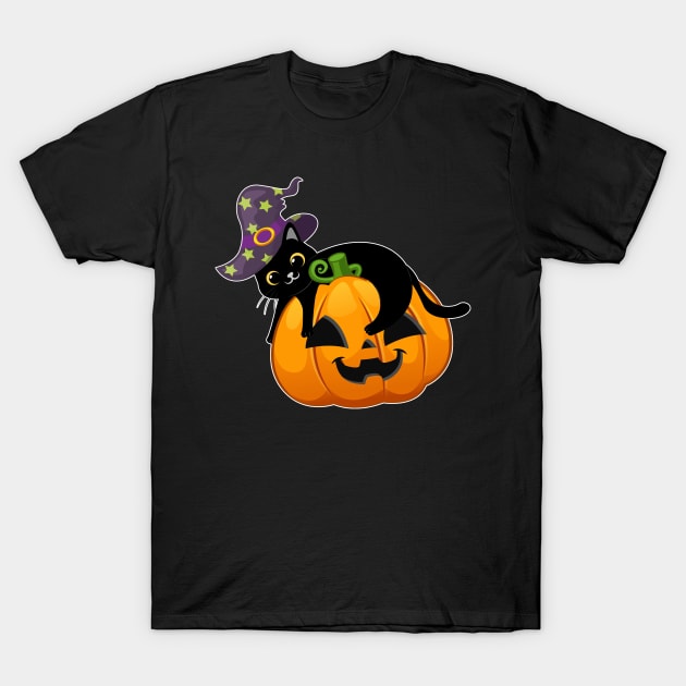 Lazy Black Cat Pumpkin Wear Witch Hat For Halloween 2021 T-Shirt by Hong Lien 